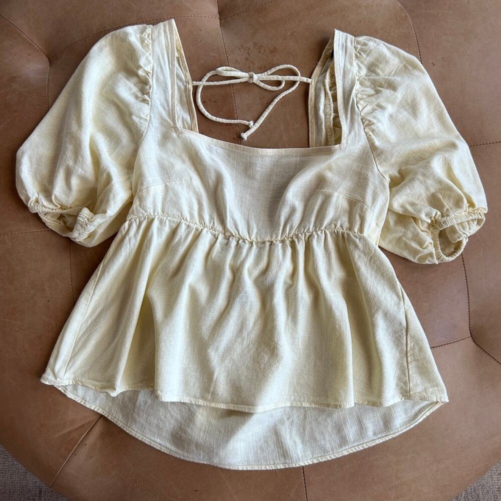 Linen Babydoll Puff Sleeve Top Open Back Bow Romantic Prairie Butter Yellow S